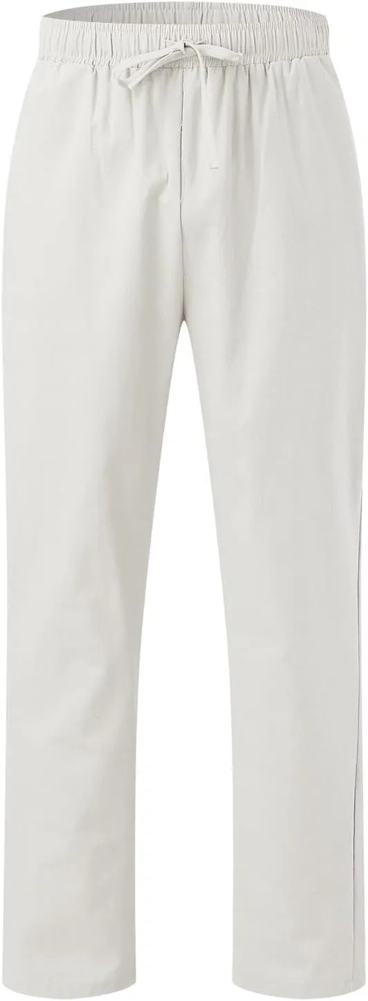 Men's Cotton Linen Pants Drawstring Elastic Waist Casual Joggers Slim-Fit Pants for Summer Beach Everyday Wear