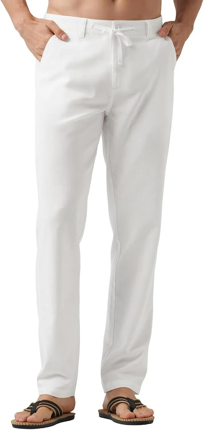 Men's Cotton Linen Trousers Flat Front Slim Fit Pants Solid Color Casual Business Pants Lightweight Stretchy Trousers