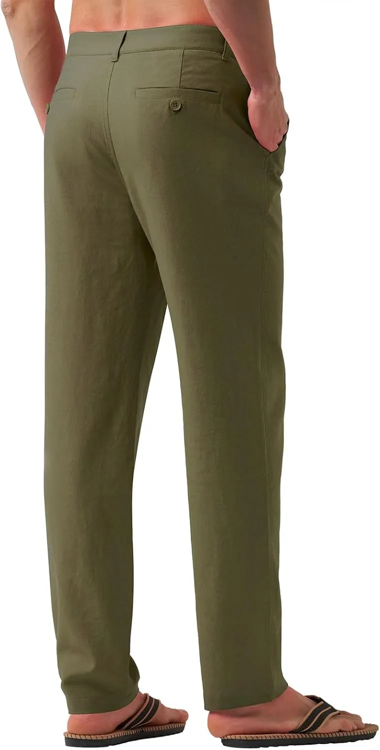 Men's Cotton Linen Trousers Flat Front Slim Fit Pants Solid Color Casual Business Pants Lightweight Stretchy Trousers