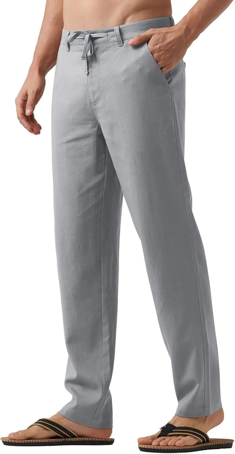 Men's Cotton Linen Trousers Flat Front Slim Fit Pants Solid Color Casual Business Pants Lightweight Stretchy Trousers
