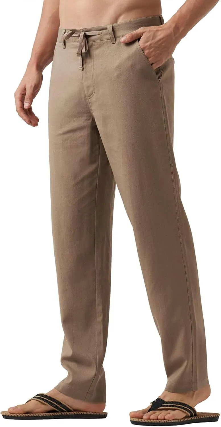 Men's Cotton Linen Trousers Flat Front Slim Fit Pants Solid Color Casual Business Pants Lightweight Stretchy Trousers