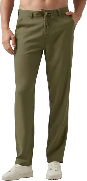 Men's Cotton Linen Trousers Flat Front Slim Fit Pants Solid Color Casual Business Pants Lightweight Stretchy Trousers