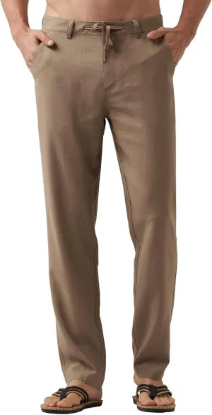 Men's Cotton Linen Trousers Flat Front Slim Fit Pants Solid Color Casual Business Pants Lightweight Stretchy Trousers