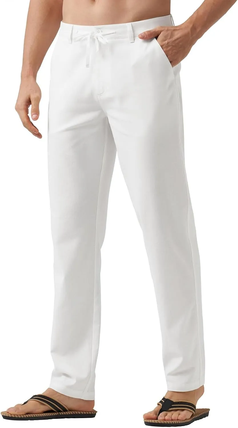 Men's Cotton Linen Trousers Flat Front Slim Fit Pants Solid Color Casual Business Pants Lightweight Stretchy Trousers