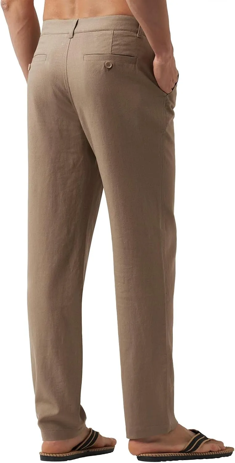 Men's Cotton Linen Trousers Flat Front Slim Fit Pants Solid Color Casual Business Pants Lightweight Stretchy Trousers