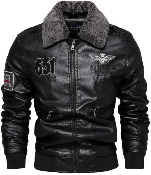 Men's FauxLeather Bomber Jacket, Fashion E mbroidery Street Style Windproof Motorcycle Jacket