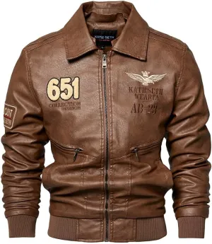 Men's FauxLeather Bomber Jacket, Fashion E mbroidery Street Style Windproof Motorcycle Jacket
