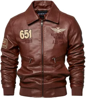 Men's FauxLeather Bomber Jacket, Fashion E mbroidery Street Style Windproof Motorcycle Jacket