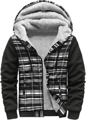 Mens Fleece Lined Jackets Full Zip Sherpa Fleece Hoodies Flannel Hooded Sweatshirt Warm Winter Wool Thick Coats