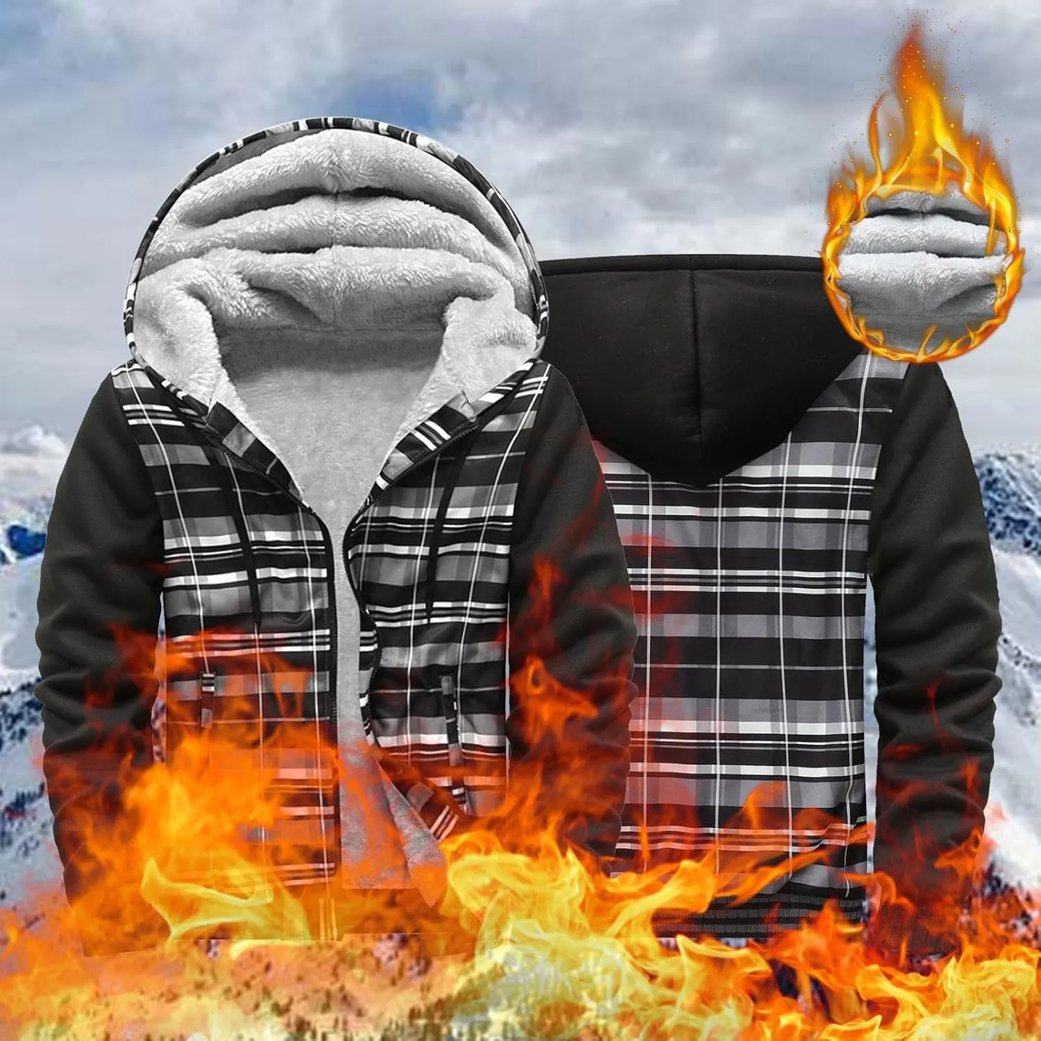 Mens Fleece Lined Jackets Full Zip Sherpa Fleece Hoodies Flannel Hooded Sweatshirt Warm Winter Wool Thick Coats