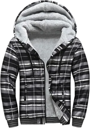 Mens Fleece Lined Jackets Full Zip Sherpa Fleece Hoodies Flannel Hooded Sweatshirt Warm Winter Wool Thick Coats