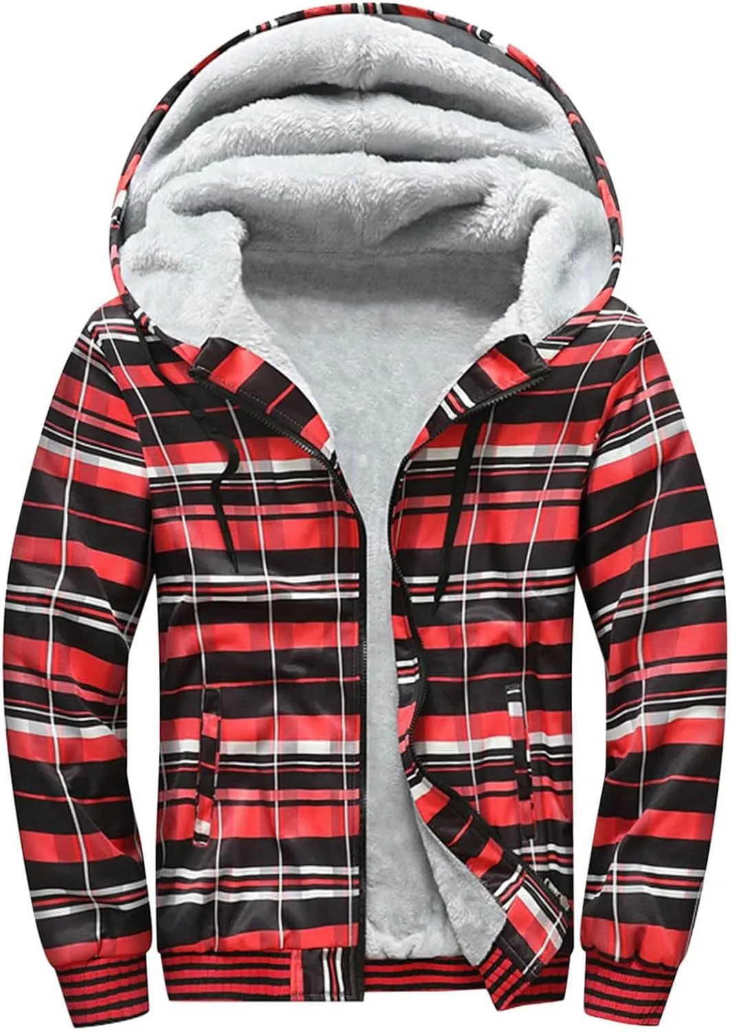 Mens Fleece Lined Jackets Full Zip Sherpa Fleece Hoodies Flannel Hooded Sweatshirt Warm Winter Wool Thick Coats