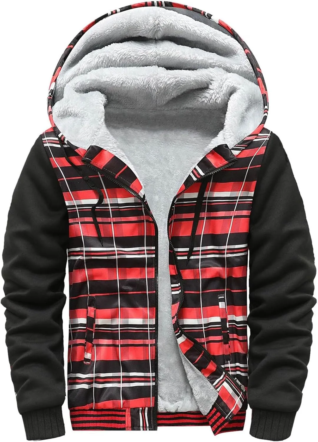 Mens Fleece Lined Jackets Full Zip Sherpa Fleece Hoodies Flannel Hooded Sweatshirt Warm Winter Wool Thick Coats