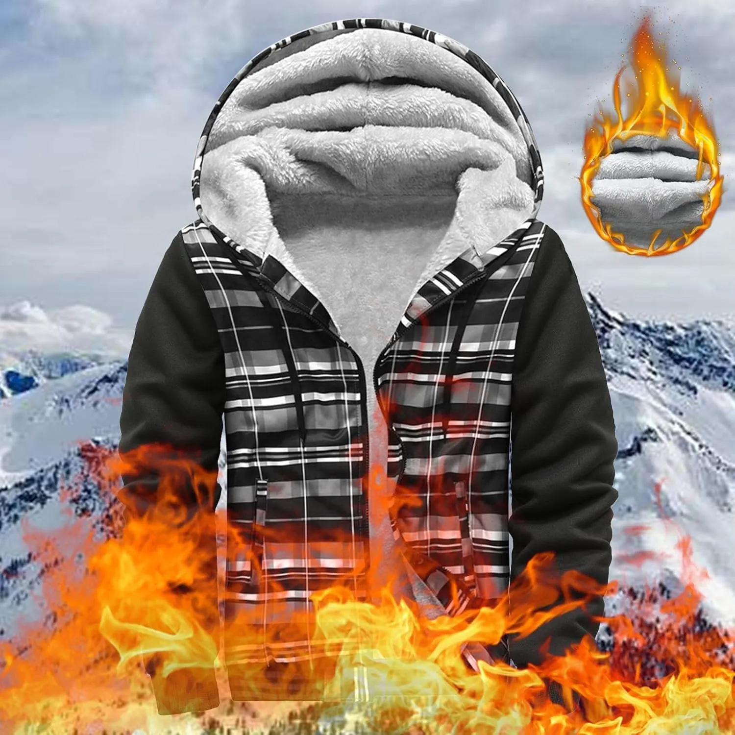 Mens Fleece Lined Jackets Full Zip Sherpa Fleece Hoodies Flannel Hooded Sweatshirt Warm Winter Wool Thick Coats