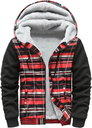 Mens Fleece Lined Jackets Full Zip Sherpa Fleece Hoodies Flannel Hooded Sweatshirt Warm Winter Wool Thick Coats