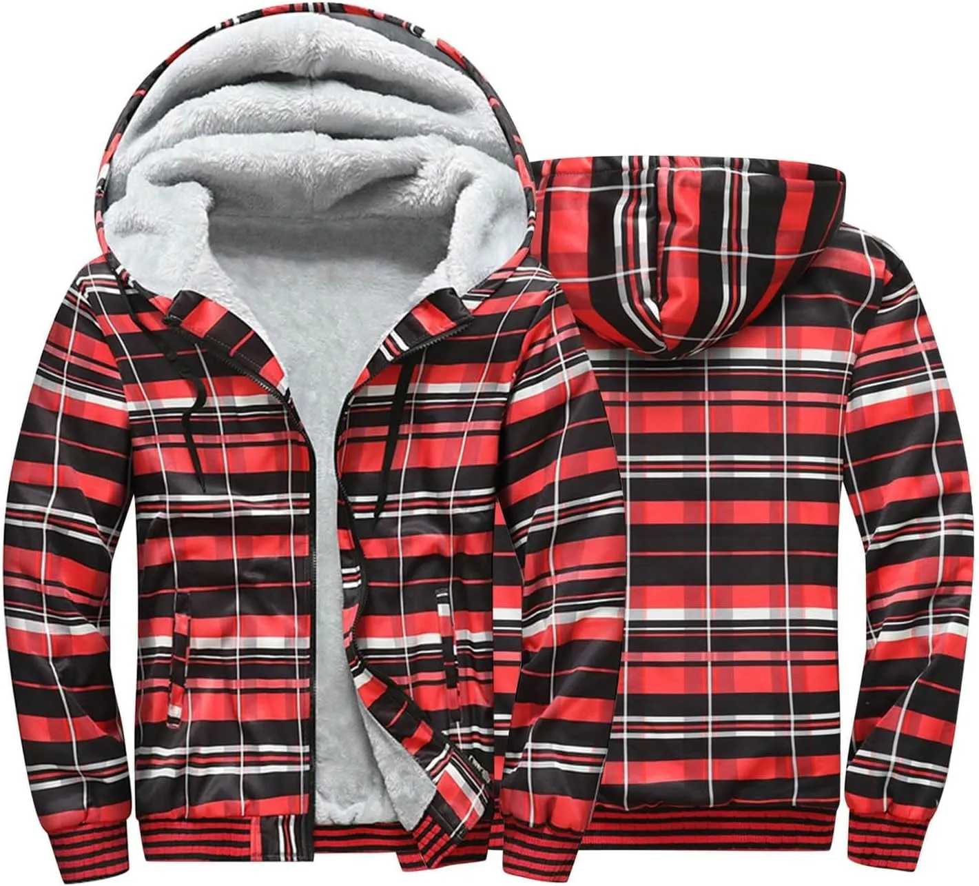 Mens Fleece Lined Jackets Full Zip Sherpa Fleece Hoodies Flannel Hooded Sweatshirt Warm Winter Wool Thick Coats