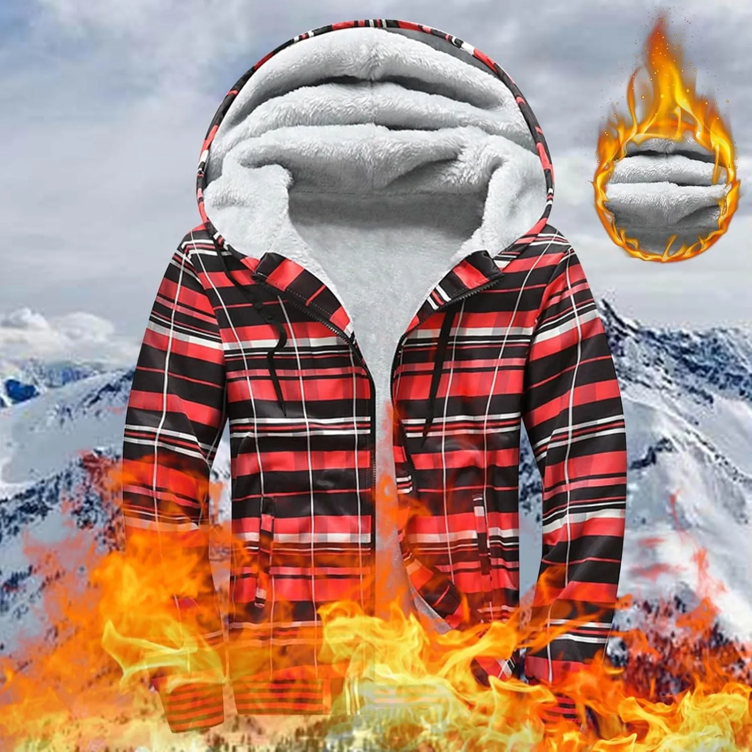 Mens Fleece Lined Jackets Full Zip Sherpa Fleece Hoodies Flannel Hooded Sweatshirt Warm Winter Wool Thick Coats
