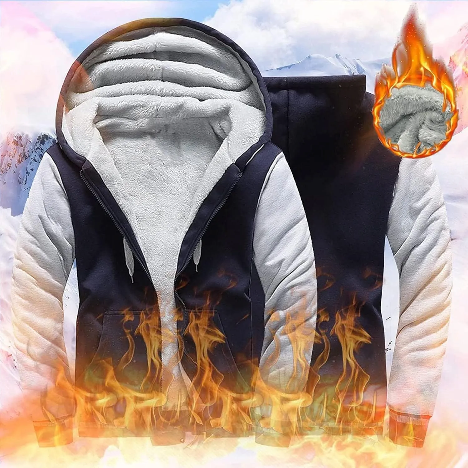Mens Fleece Lined Jackets Full Zip Sherpa Fleece Hoodies Flannel Hooded Sweatshirt Warm Winter Wool Thick Coats