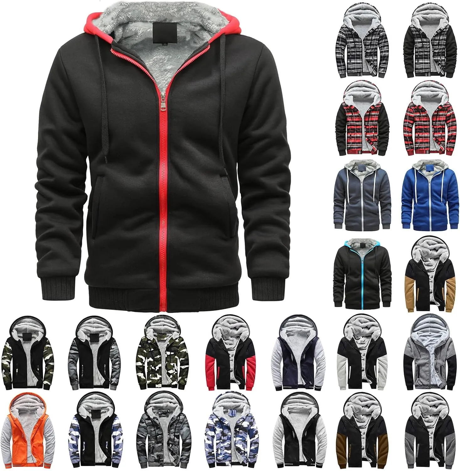 Mens Fleece Lined Jackets Full Zip Sherpa Fleece Hoodies Flannel Hooded Sweatshirt Warm Winter Wool Thick Coats
