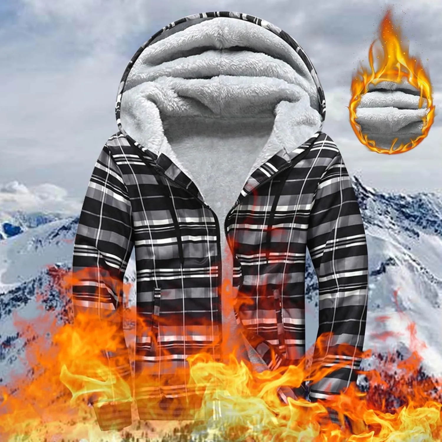 Mens Fleece Lined Jackets Full Zip Sherpa Fleece Hoodies Flannel Hooded Sweatshirt Warm Winter Wool Thick Coats