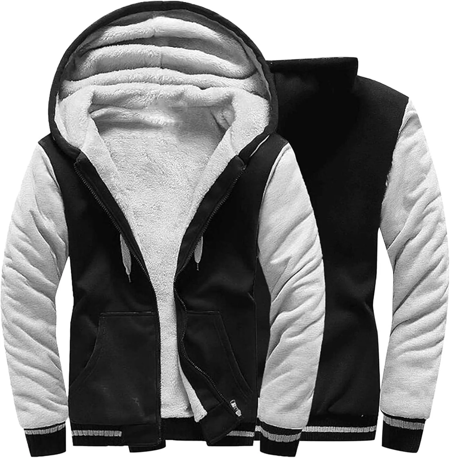 Mens Fleece Lined Jackets Full Zip Sherpa Fleece Hoodies Flannel Hooded Sweatshirt Warm Winter Wool Thick Coats