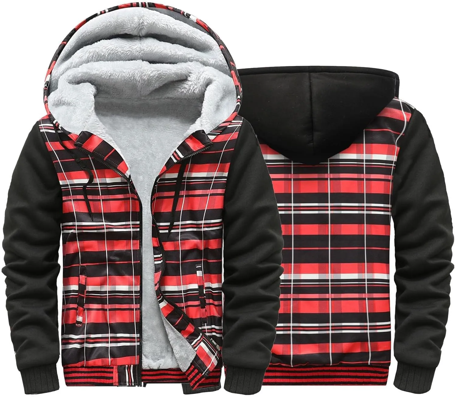 Mens Fleece Lined Jackets Full Zip Sherpa Fleece Hoodies Flannel Hooded Sweatshirt Warm Winter Wool Thick Coats