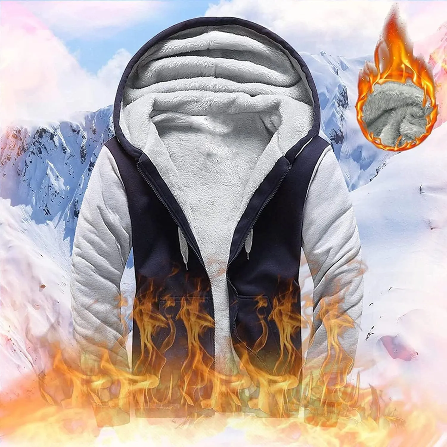 Mens Fleece Lined Jackets Full Zip Sherpa Fleece Hoodies Flannel Hooded Sweatshirt Warm Winter Wool Thick Coats