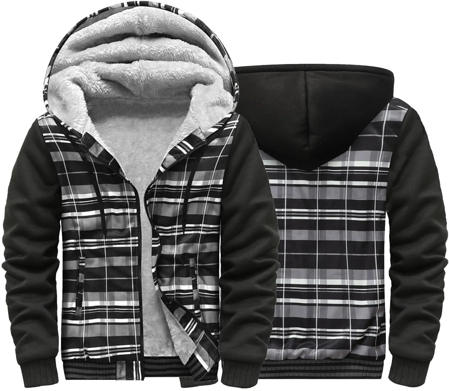 Mens Fleece Lined Jackets Full Zip Sherpa Fleece Hoodies Flannel Hooded Sweatshirt Warm Winter Wool Thick Coats