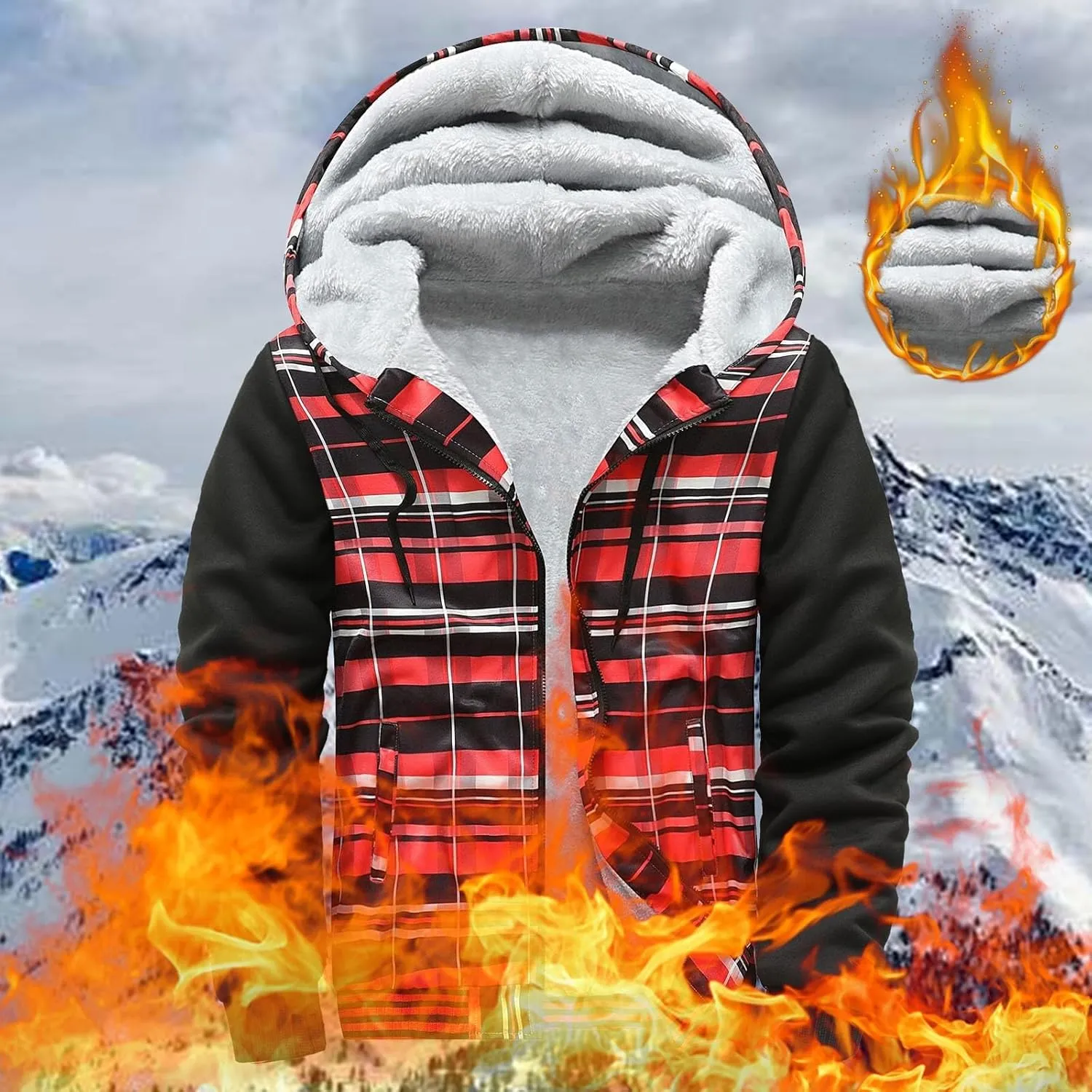 Mens Fleece Lined Jackets Full Zip Sherpa Fleece Hoodies Flannel Hooded Sweatshirt Warm Winter Wool Thick Coats