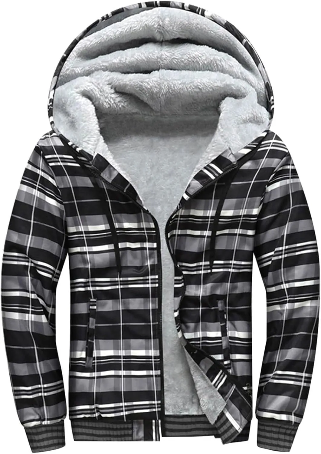 Mens Fleece Lined Jackets Full Zip Sherpa Fleece Hoodies Flannel Hooded Sweatshirt Warm Winter Wool Thick Coats