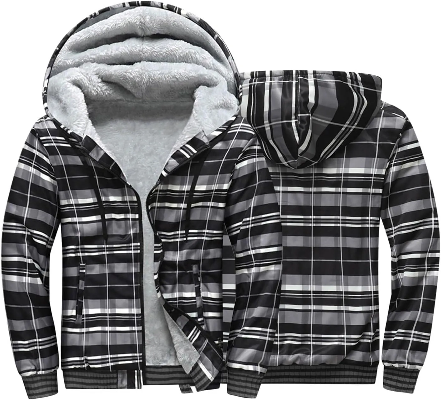 Mens Fleece Lined Jackets Full Zip Sherpa Fleece Hoodies Flannel Hooded Sweatshirt Warm Winter Wool Thick Coats