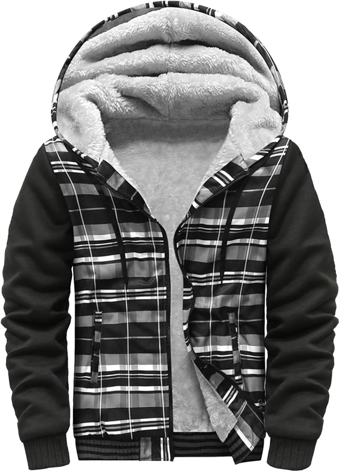 Mens Fleece Lined Jackets Full Zip Sherpa Fleece Hoodies Flannel Hooded Sweatshirt Warm Winter Wool Thick Coats