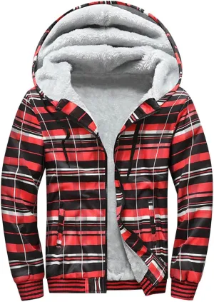 Mens Fleece Lined Jackets Full Zip Sherpa Fleece Hoodies Flannel Hooded Sweatshirt Warm Winter Wool Thick Coats