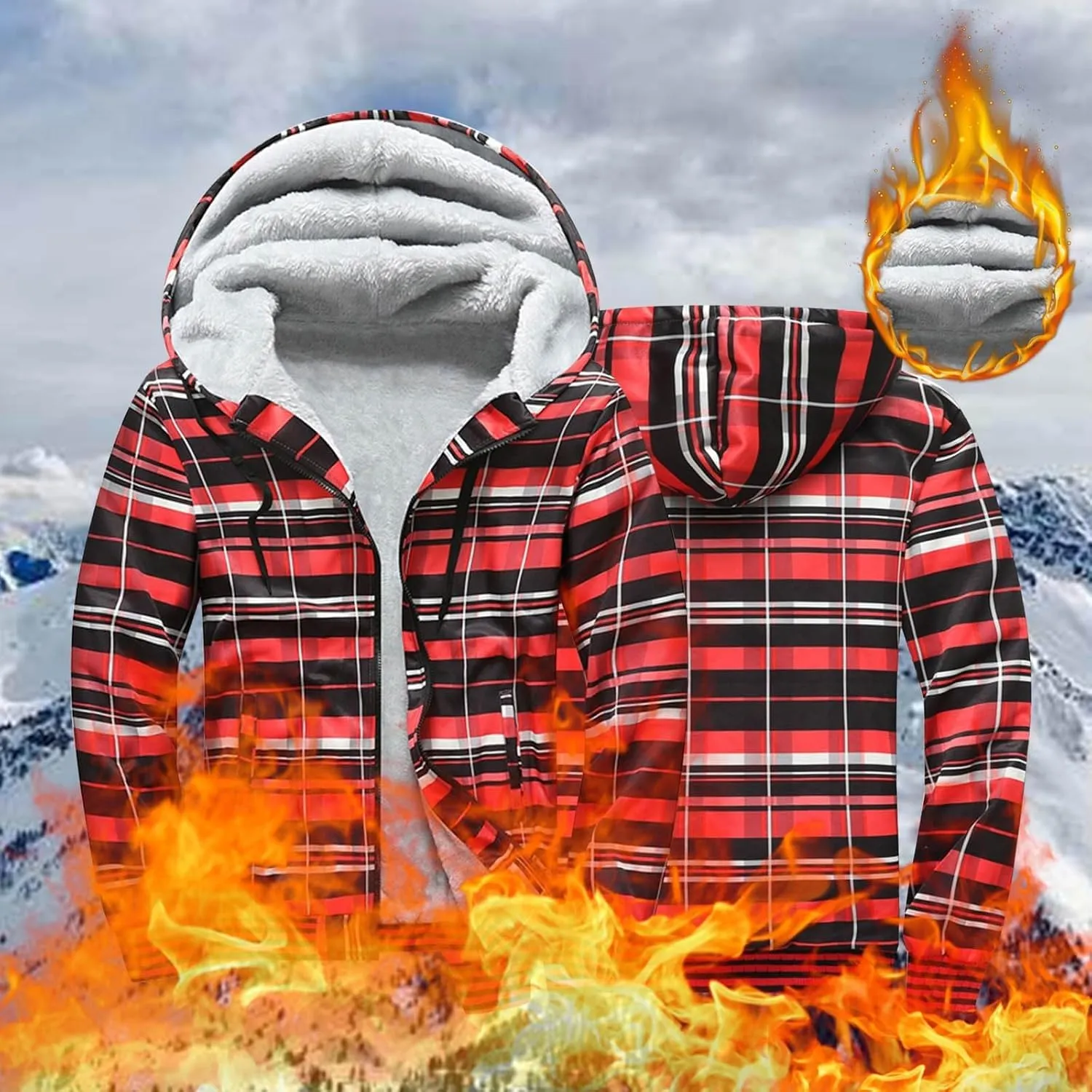 Mens Fleece Lined Jackets Full Zip Sherpa Fleece Hoodies Flannel Hooded Sweatshirt Warm Winter Wool Thick Coats