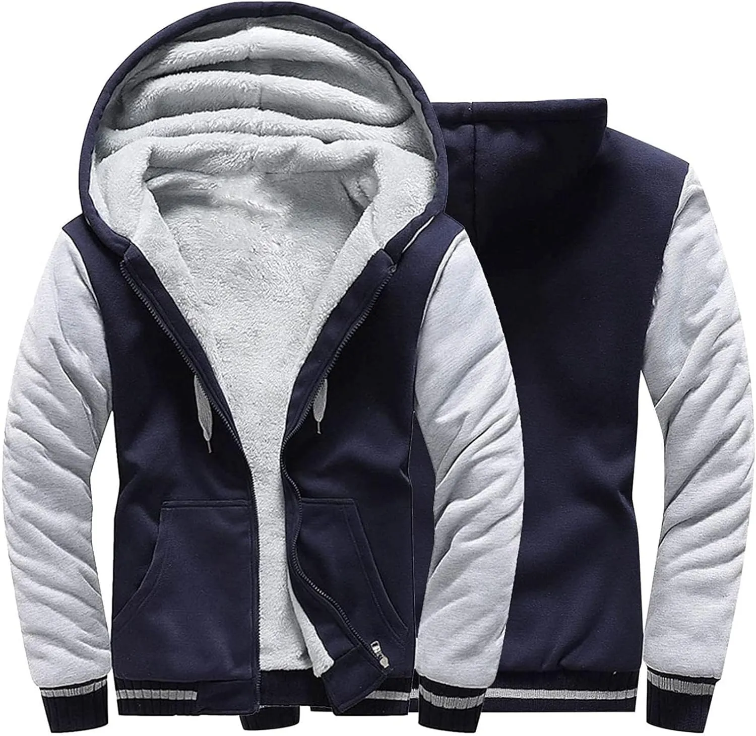 Mens Fleece Lined Jackets Full Zip Sherpa Fleece Hoodies Flannel Hooded Sweatshirt Warm Winter Wool Thick Coats