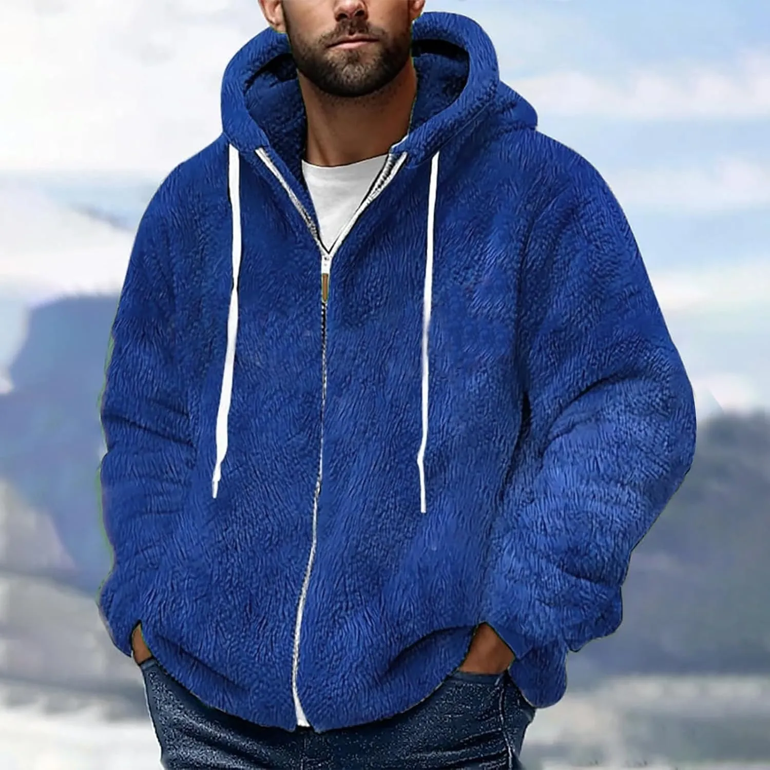 Men's Fuzzy Sherpa Sweatshirt Jackets Athletic Fleece Hoodies Casual Fluffy Warm Thicken Sports Zip Up Winter Coats