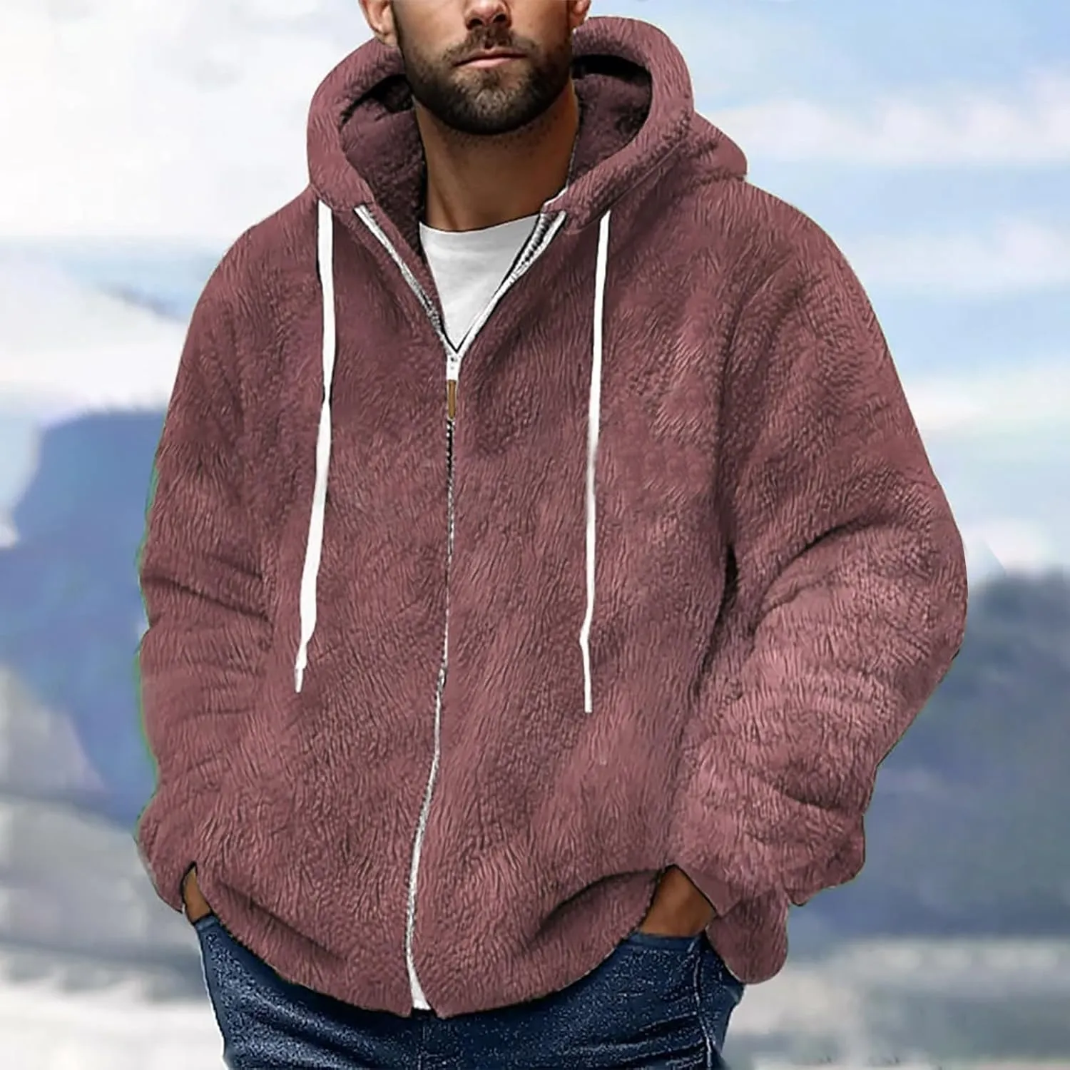 Men's Fuzzy Sherpa Sweatshirt Jackets Athletic Fleece Hoodies Casual Fluffy Warm Thicken Sports Zip Up Winter Coats