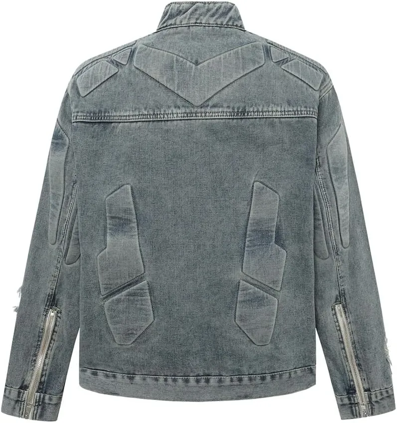 Men's High Street Ripped Biker Jeans Jacket Streetwear Distressed Denim Motorcycle Washed Outerwear