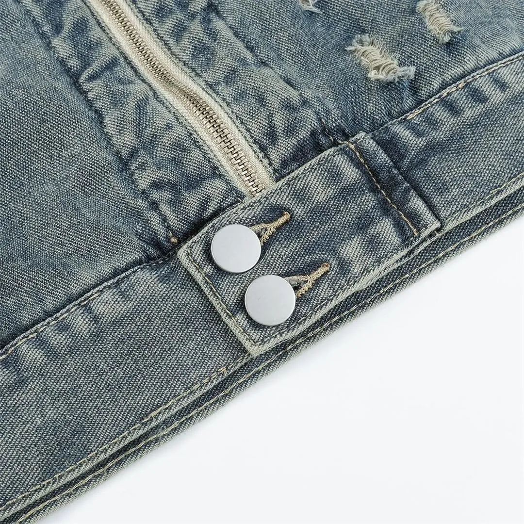 Men's High Street Ripped Biker Jeans Jacket Streetwear Distressed Denim Motorcycle Washed Outerwear