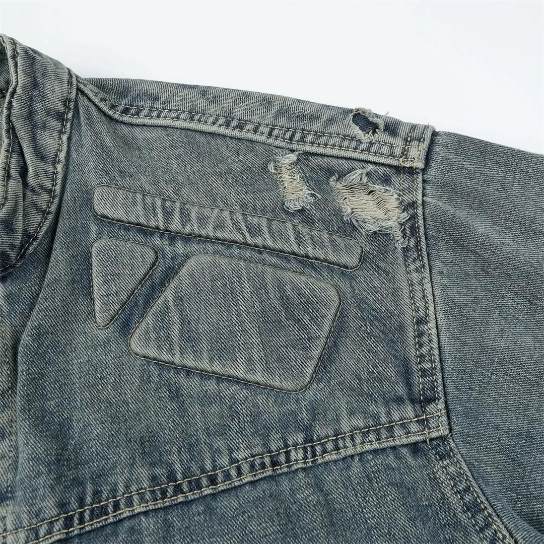 Men's High Street Ripped Biker Jeans Jacket Streetwear Distressed Denim Motorcycle Washed Outerwear