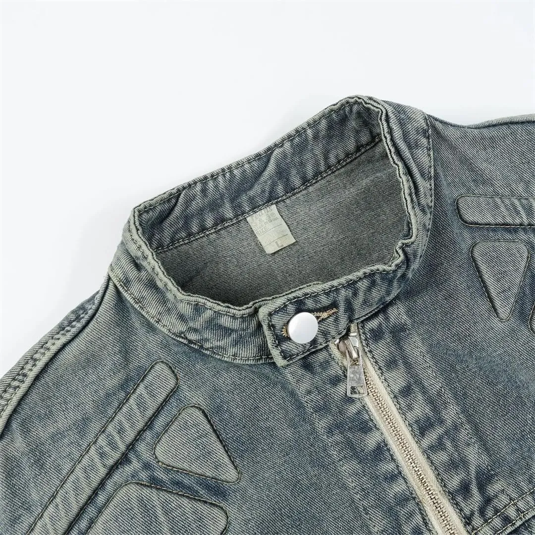 Men's High Street Ripped Biker Jeans Jacket Streetwear Distressed Denim Motorcycle Washed Outerwear