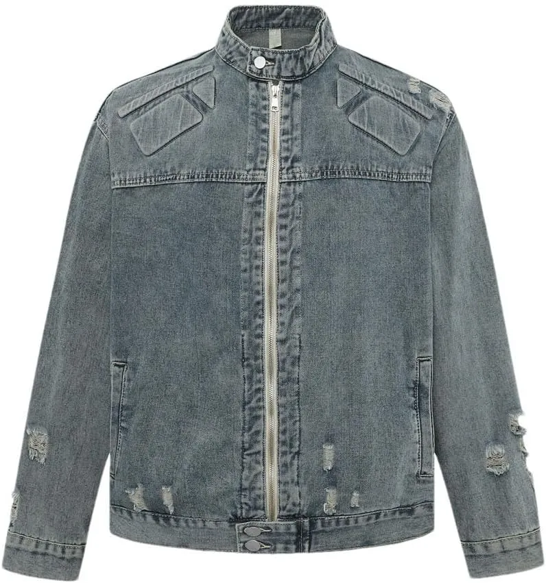 Men's High Street Ripped Biker Jeans Jacket Streetwear Distressed Denim Motorcycle Washed Outerwear