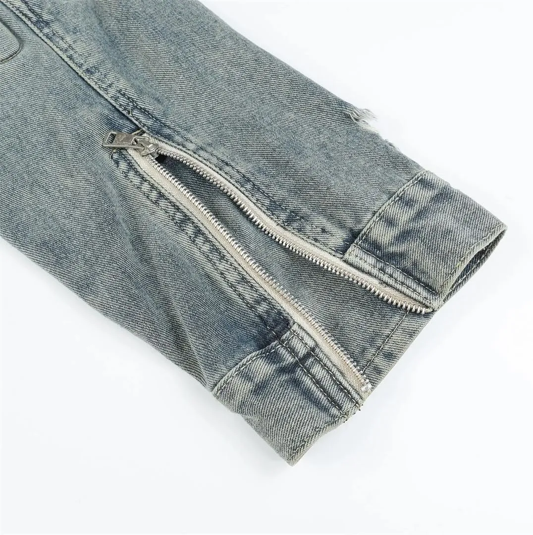Men's High Street Ripped Biker Jeans Jacket Streetwear Distressed Denim Motorcycle Washed Outerwear