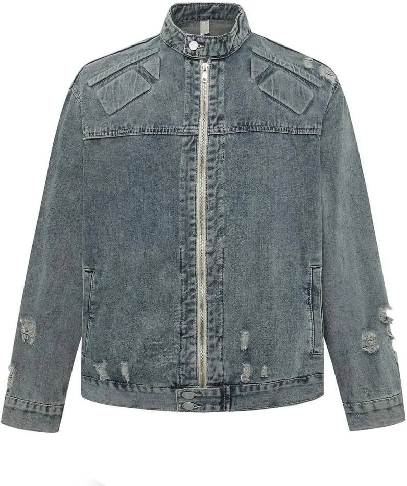 Men's High Street Ripped Biker Jeans Jacket Streetwear Distressed Denim Motorcycle Washed Outerwear