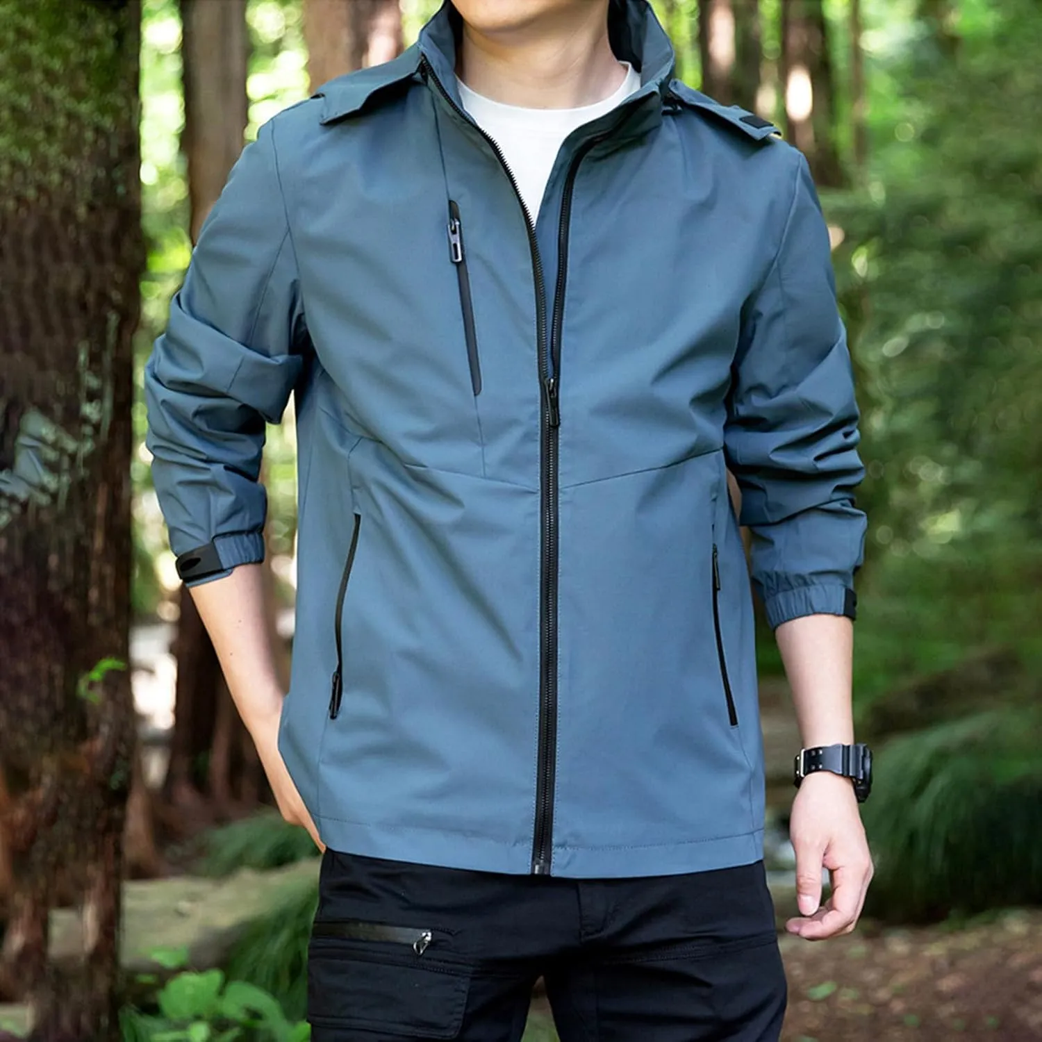 Mens Hooded Waterproof Rain Jackets Full Zip Lightweight Plus Size Raincoats Hiking Outdoor Outerwear with Pocket
