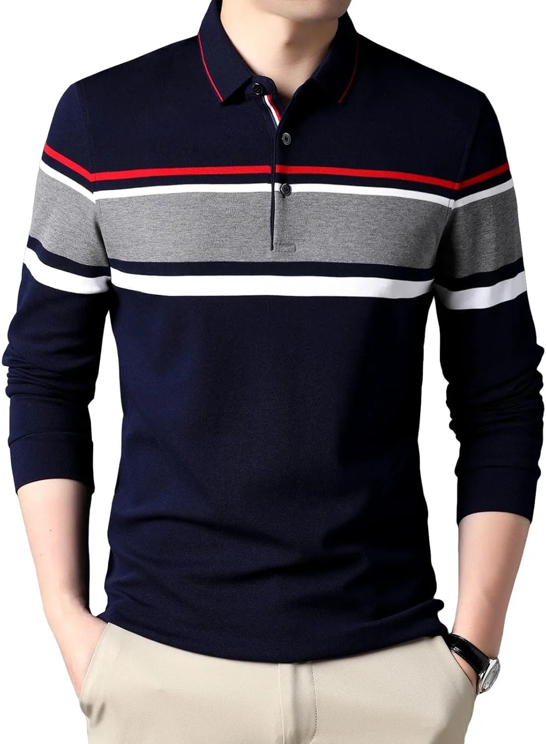 Men's Long Sleeve Polo Shirts for Golf - 100% Cotton, Moisture-Wicking & Stretch, Classic 3-Button Collar Design