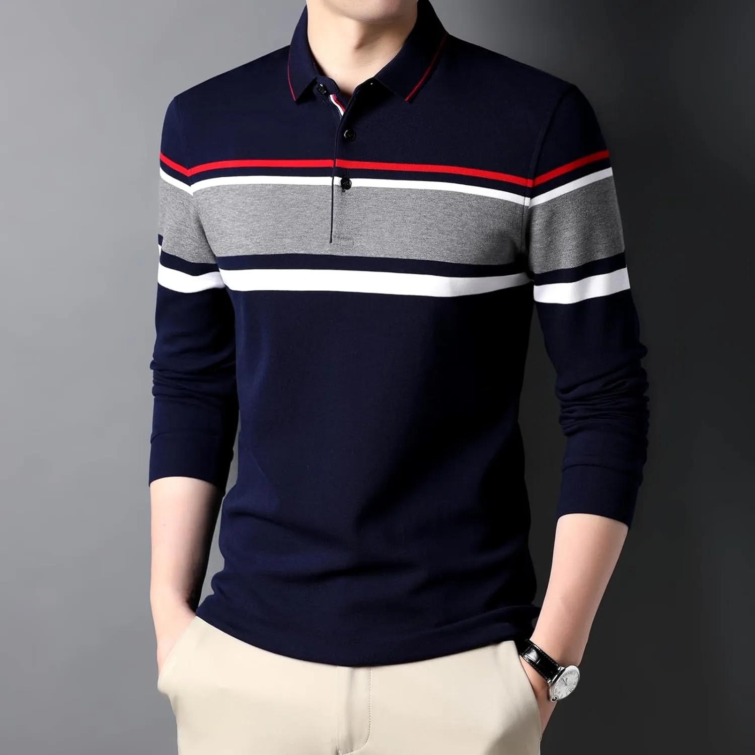 Men's Long Sleeve Polo Shirts for Golf - 100% Cotton, Moisture-Wicking & Stretch, Classic 3-Button Collar Design