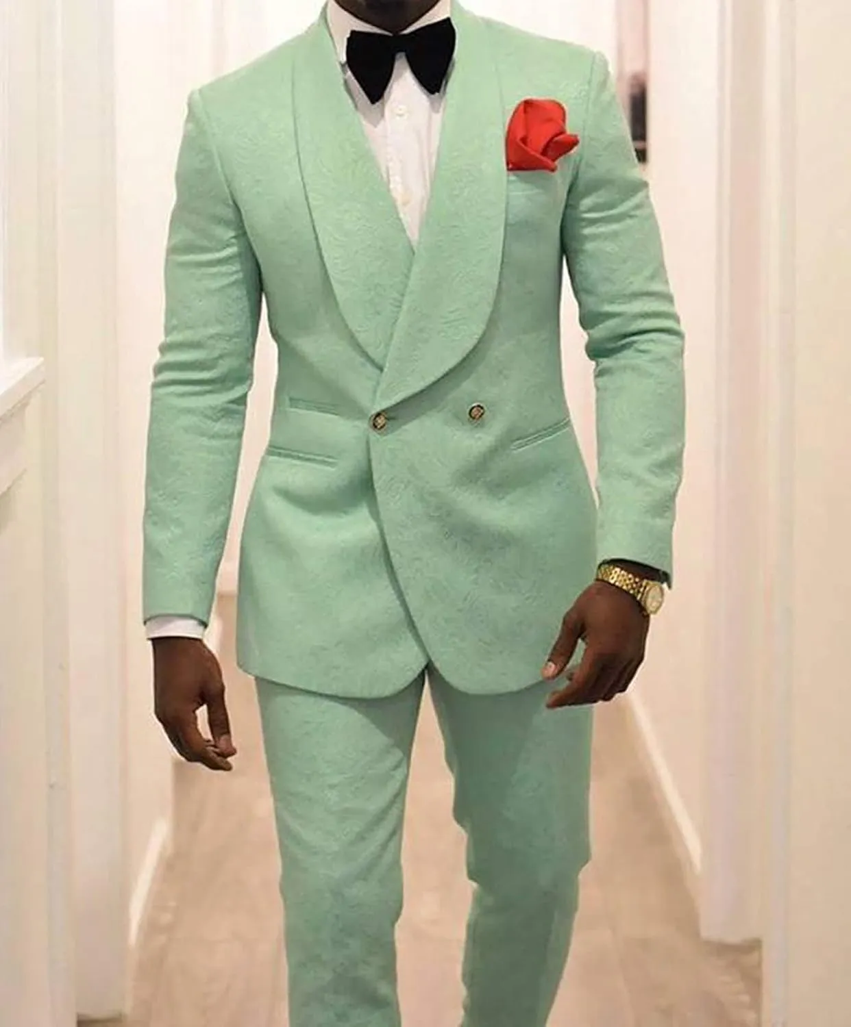 Men's Suit 2 Pieces Slim Fit Jacquard Suits Double-Breasted Blazer Groom Tuxedos Prom Turquoise Suits