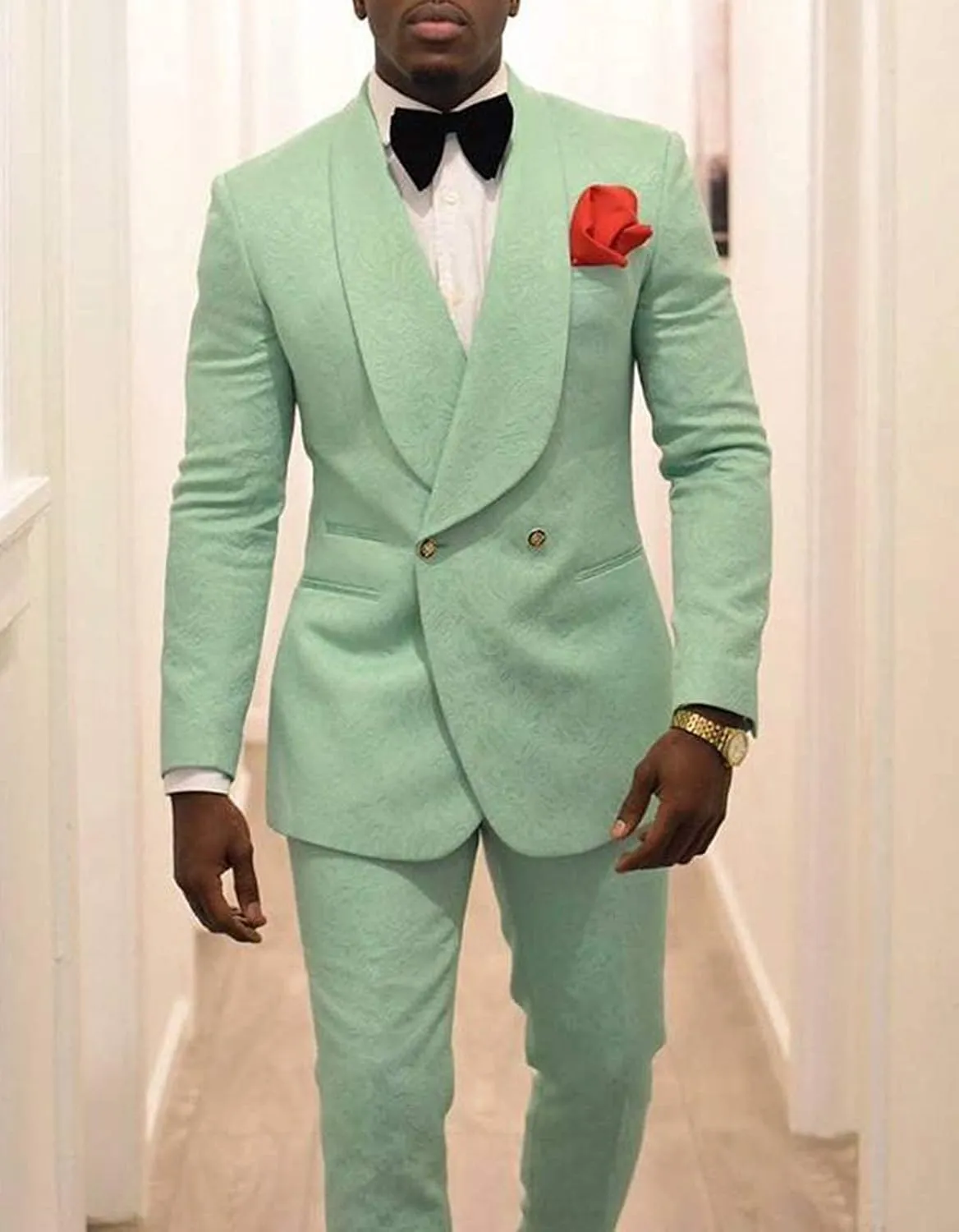 Men's Suit 2 Pieces Slim Fit Jacquard Suits Double-Breasted Blazer Groom Tuxedos Prom Turquoise Suits