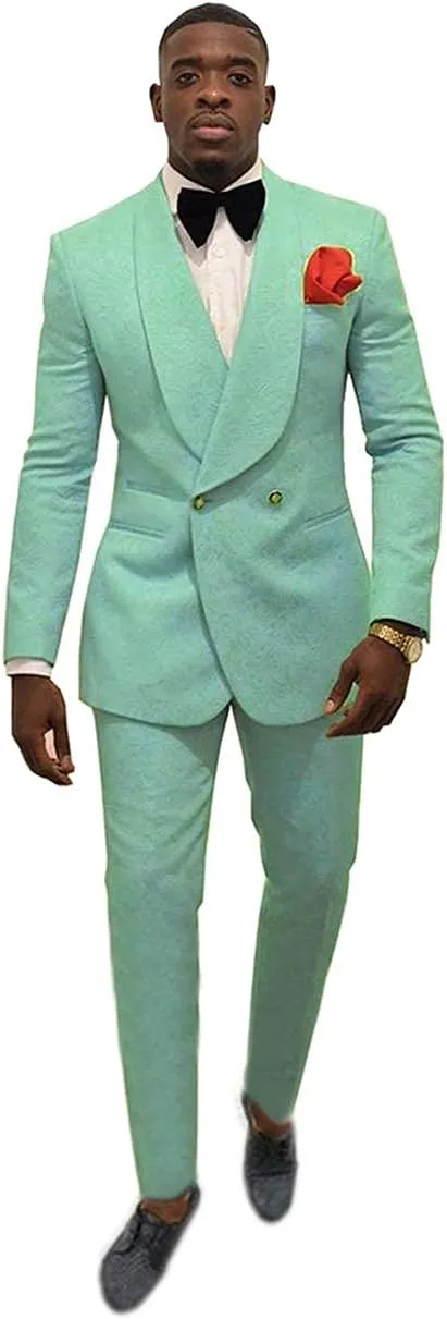 Men's Suit 2 Pieces Slim Fit Jacquard Suits Double-Breasted Blazer Groom Tuxedos Prom Turquoise Suits
